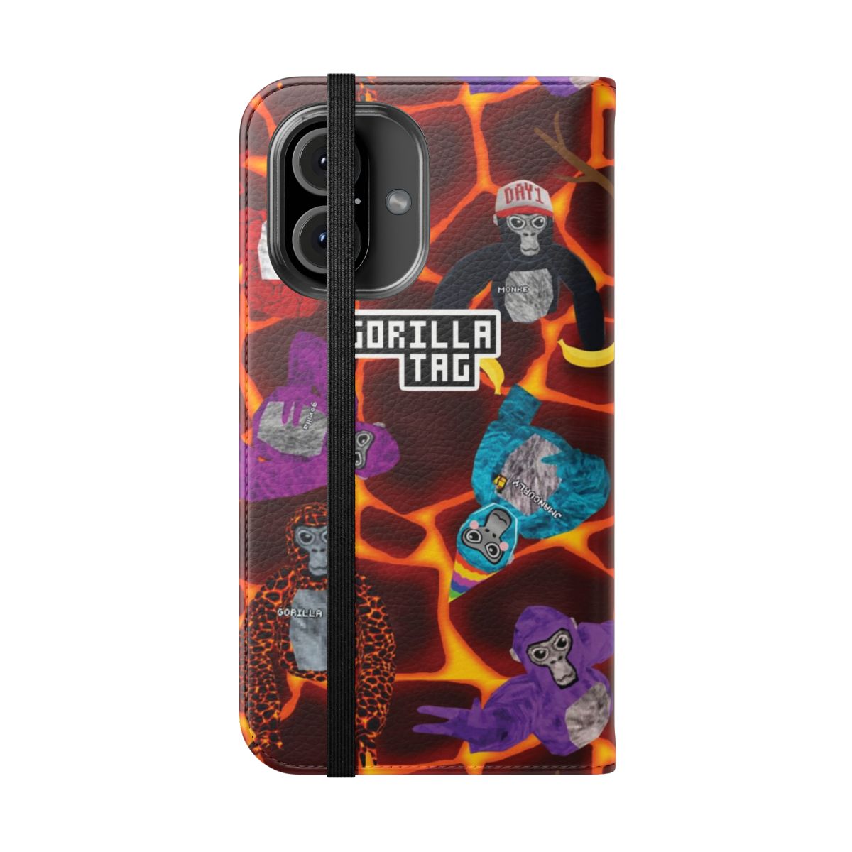 Gorilla-themed flip cover phone case with a lava monke party design - Folded Front