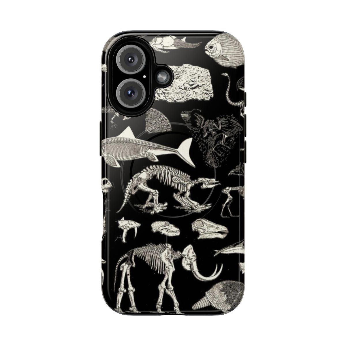 Paleontology-themed phone case with fossil, dinosaur, and archaeology illustrations