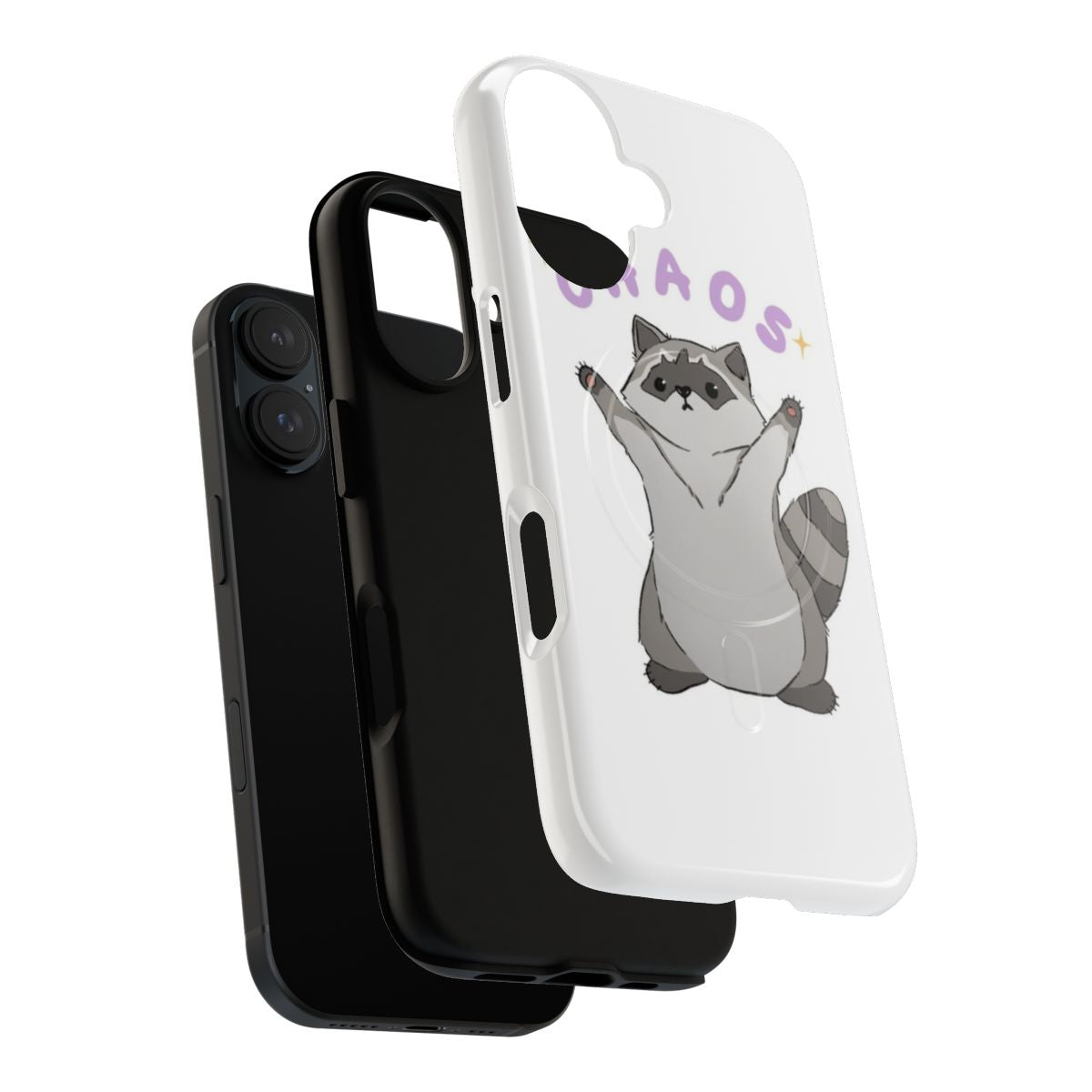 Closeup of a sparkly purple phone case with an adorable raccoon design - Layers