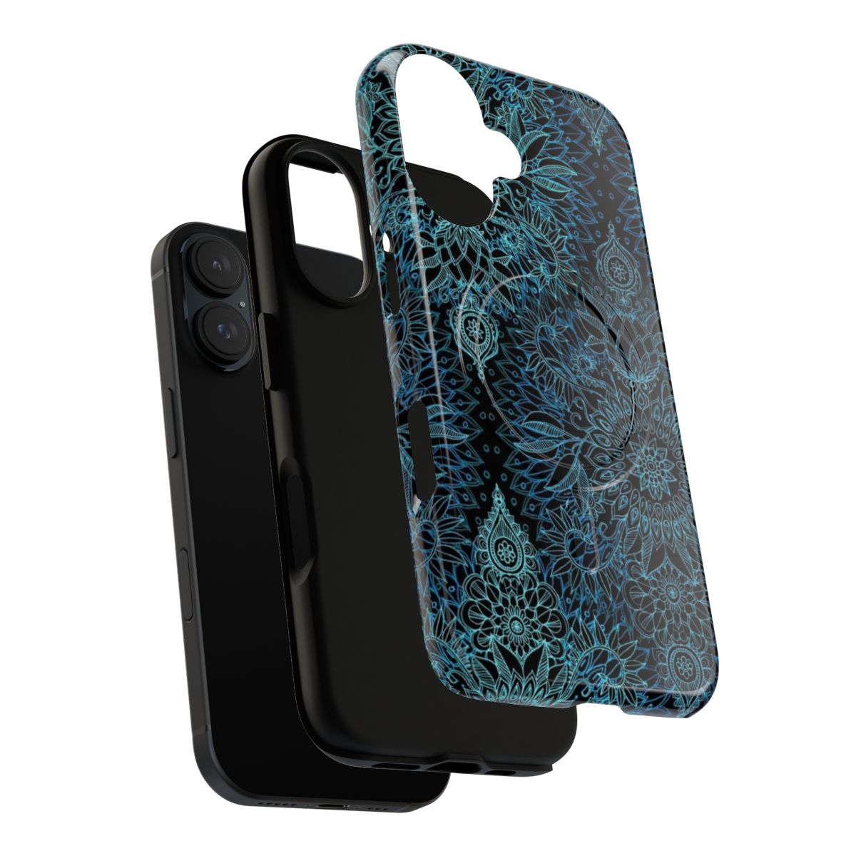 Detailed floral and botanical doodle pattern in teal, black, and aqua colors on a phone case - Layers