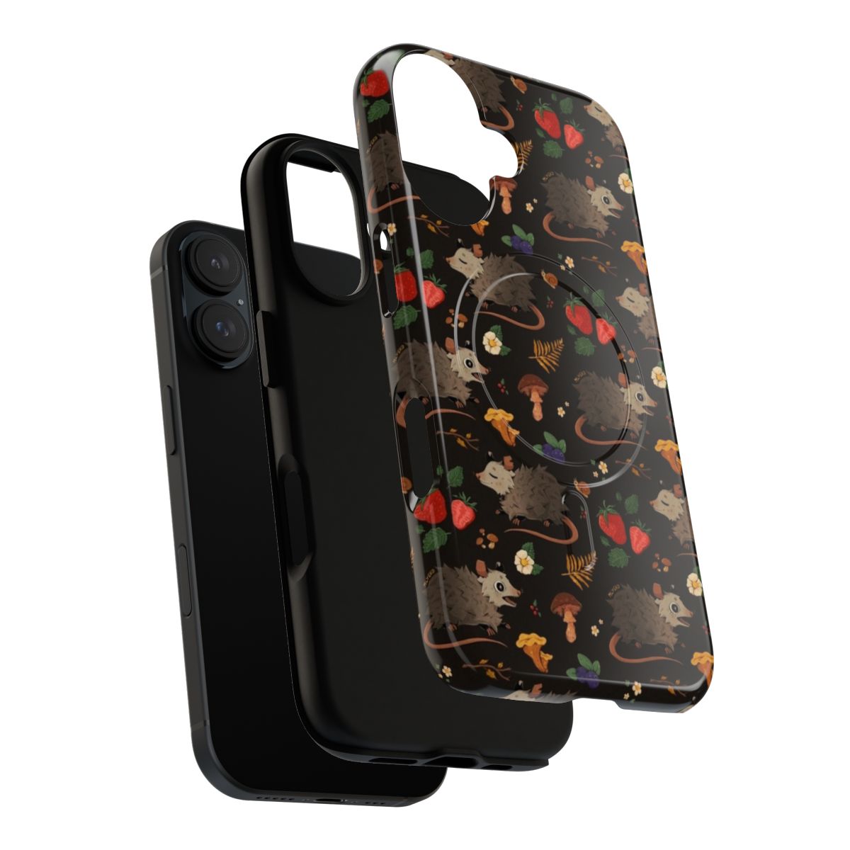 A magnetic tough phone case featuring a seamless pattern of possums, mushrooms, and other woodland creatures. - Layers