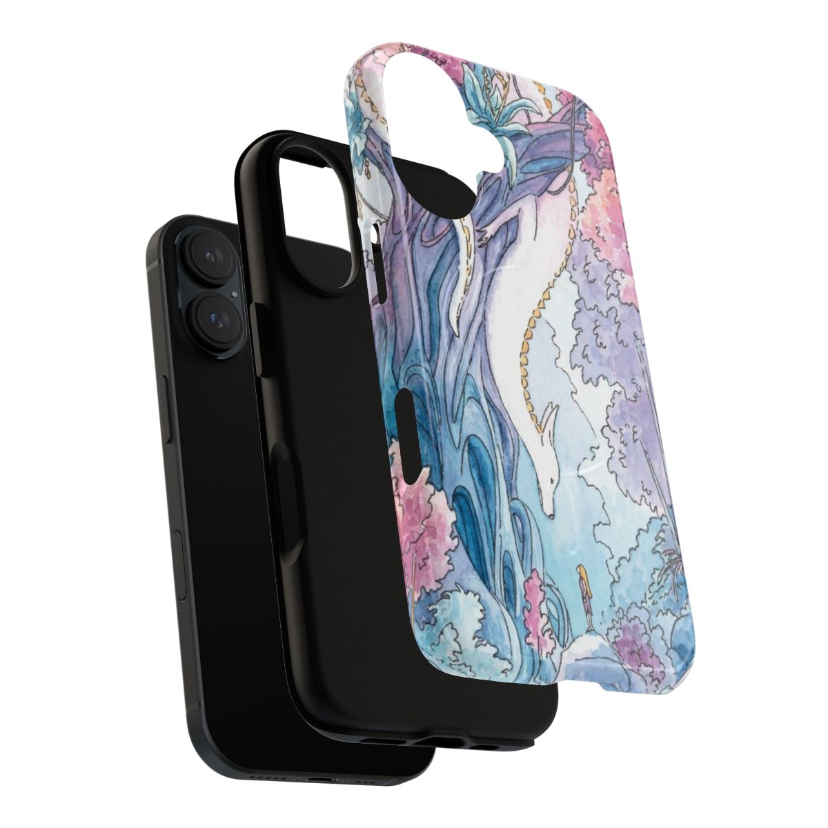 A colorful phone case featuring a fantasy illustration of a fox dragon in a pastel landscape. - Layers