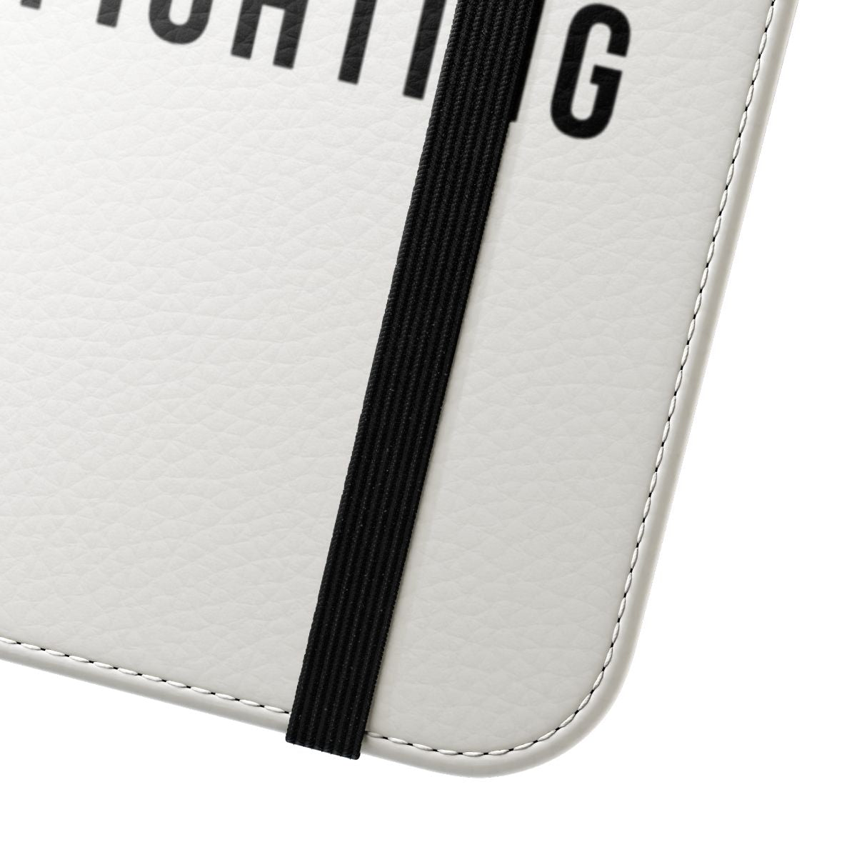 Flip cover phone case with a "Surely Not Everybody Was Kung Fu Fighting" graphic design. - Close Up