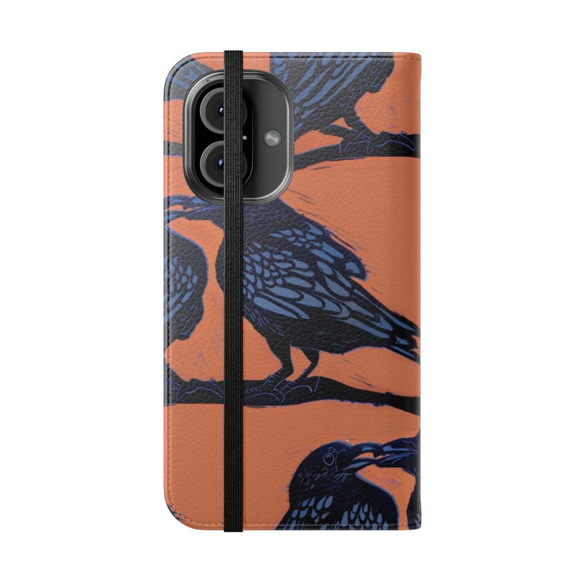 Close-up image of an orange and black crow pattern printed on a flip phone case. - Folded Front