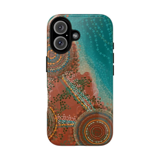 A phone case featuring vibrant Yawuru aboriginal artwork.