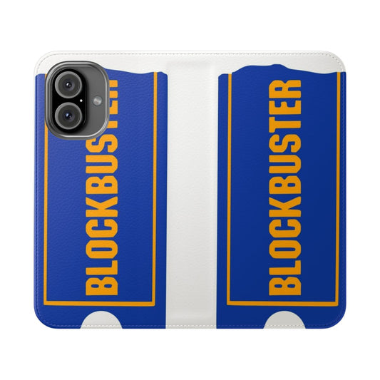 Retro 90s-themed flip phone case with Blockbuster Video-inspired design