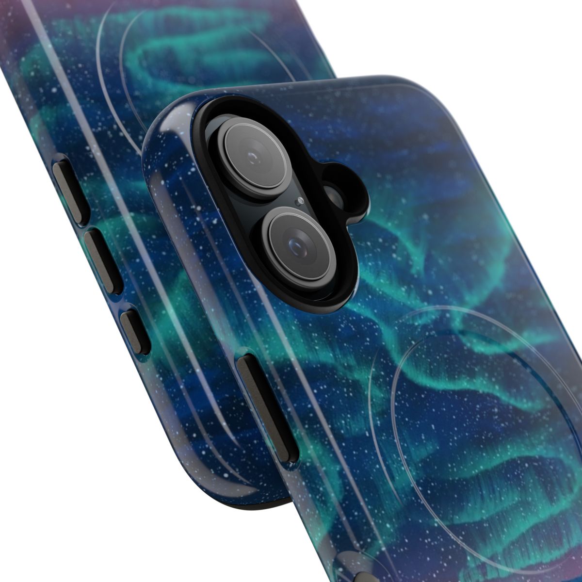 Aurora borealis night sky over snowy mountains, featuring a scenic landscape phone case design. - Detail