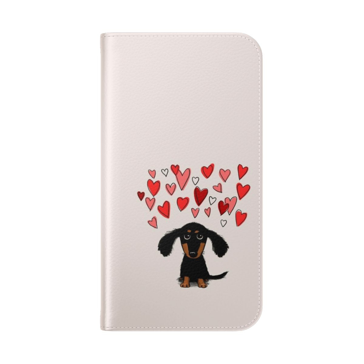 Dachshund puppy dog with pink and red hearts on a black and tan flip cover phone case - Folded Back