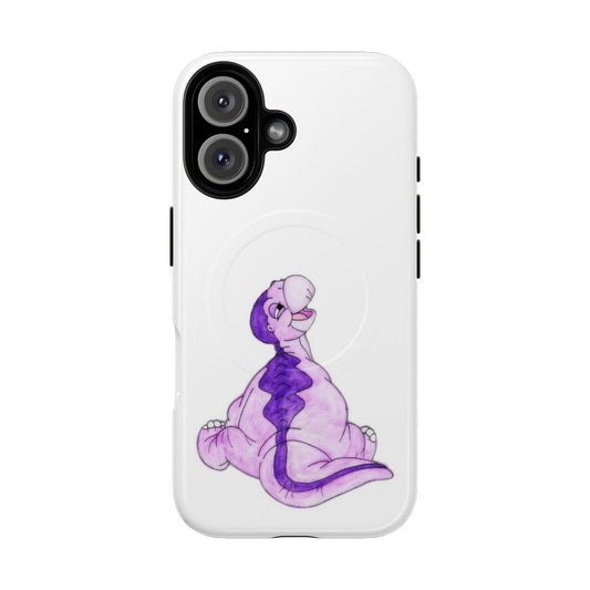 An illustrated phone case featuring a cute baby Littlefoot from the Land Before Time animated film.