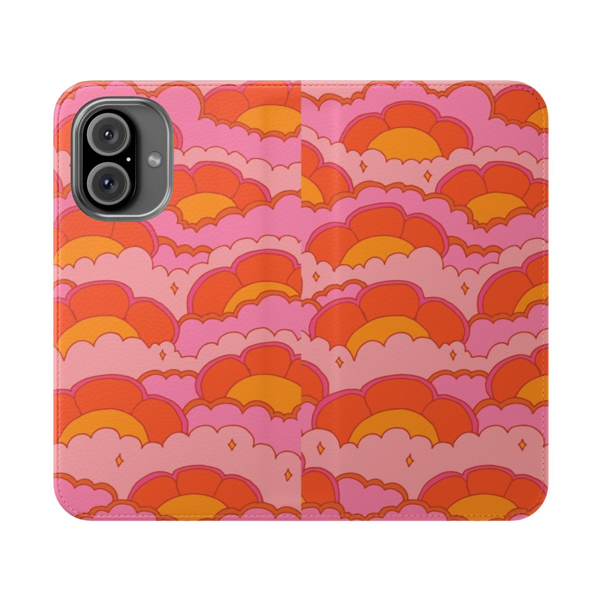 Retro psychedelic phone case with a vintage graphic design featuring sunset, flower power, and groovy patterns.