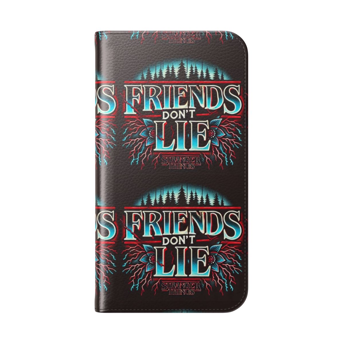 Stranger things inspired flip cover phone case with glowing typography and eerie forest design - Folded Back