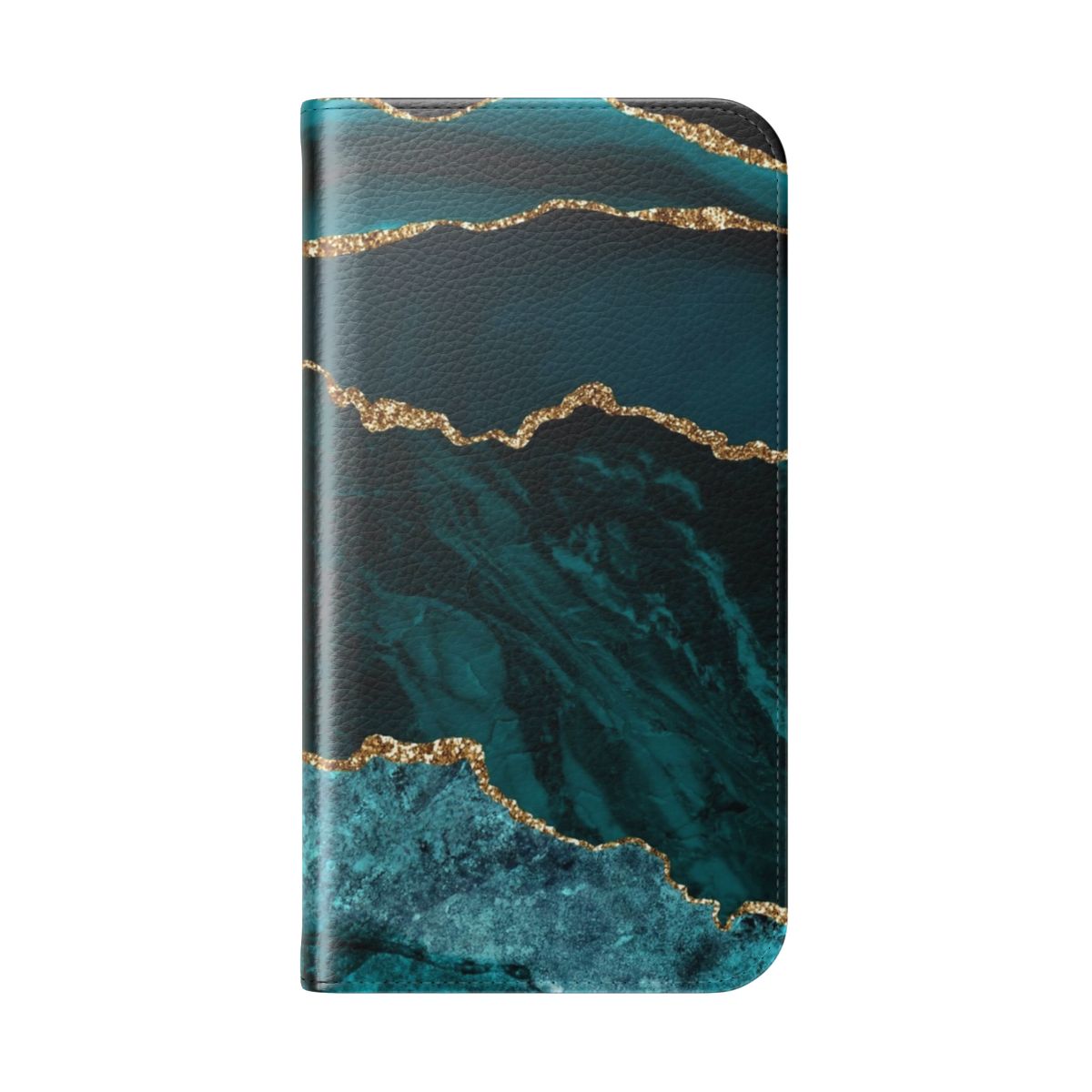 A blue and teal marble-patterned flip phone case with a sleek, minimalist design. - Folded Back