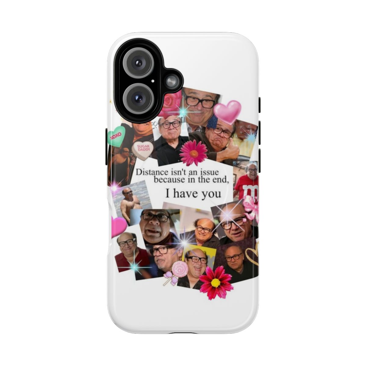 Phone case featuring a magnetic Danny Devito design