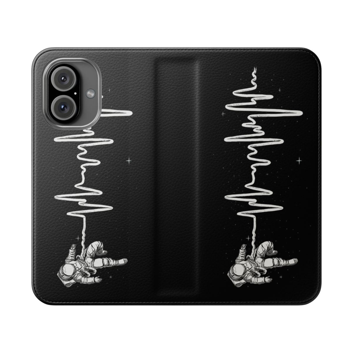 Space-themed phone case with abstract black and white design resembling a heartbeat or ECG