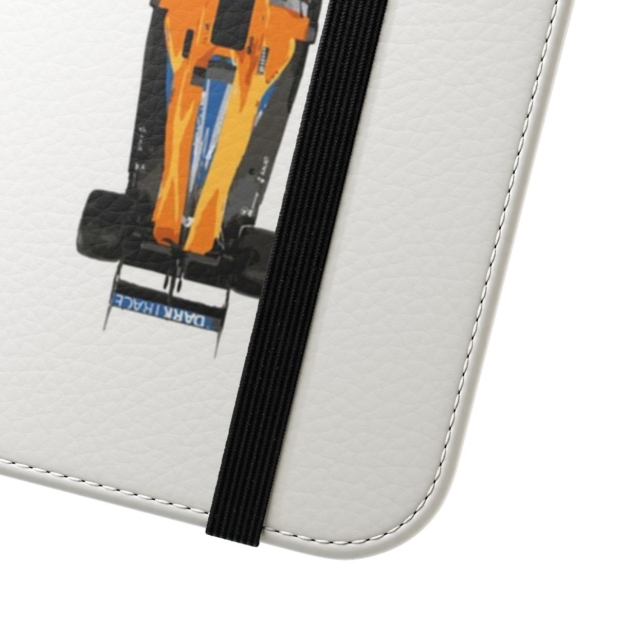 Minimalist vintage-style flip cover phone case inspired by the iconic McLaren F1 team and Formula 1 racing. - Close Up