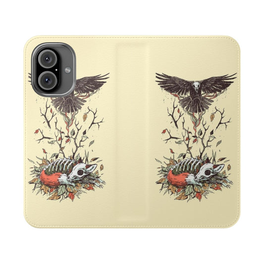 Artistic phone case featuring a dark and mystical fox design with raven, skeleton, and autumn leaves in a moody, fantasy-inspired style.