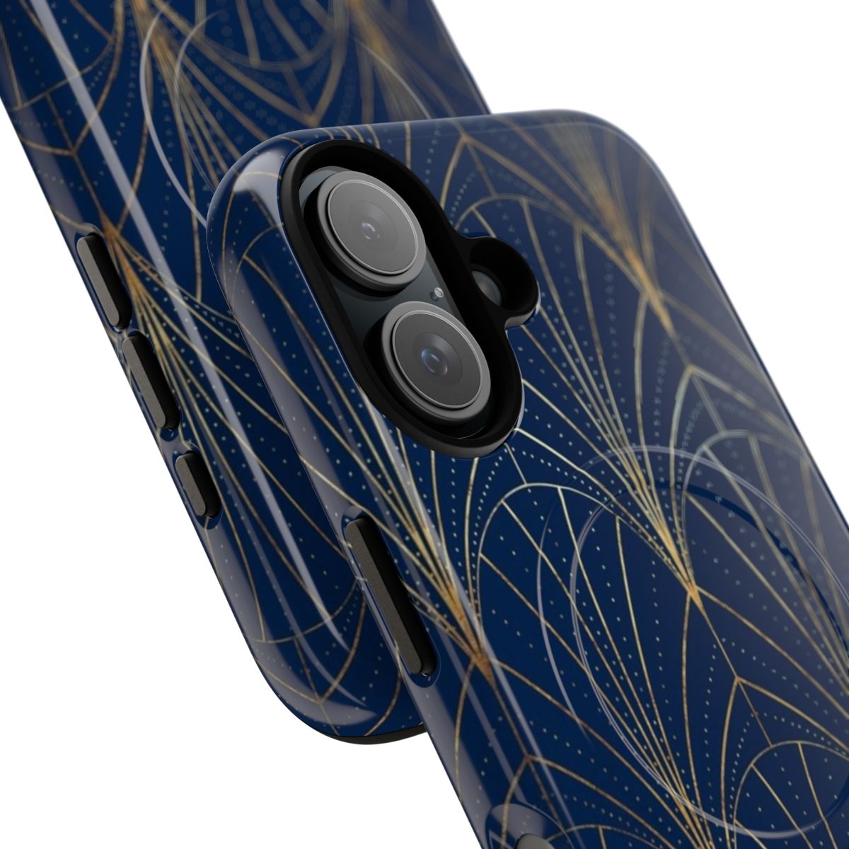 Detailed art deco-style navy blue magnetic phone case with gold foil accents - Detail