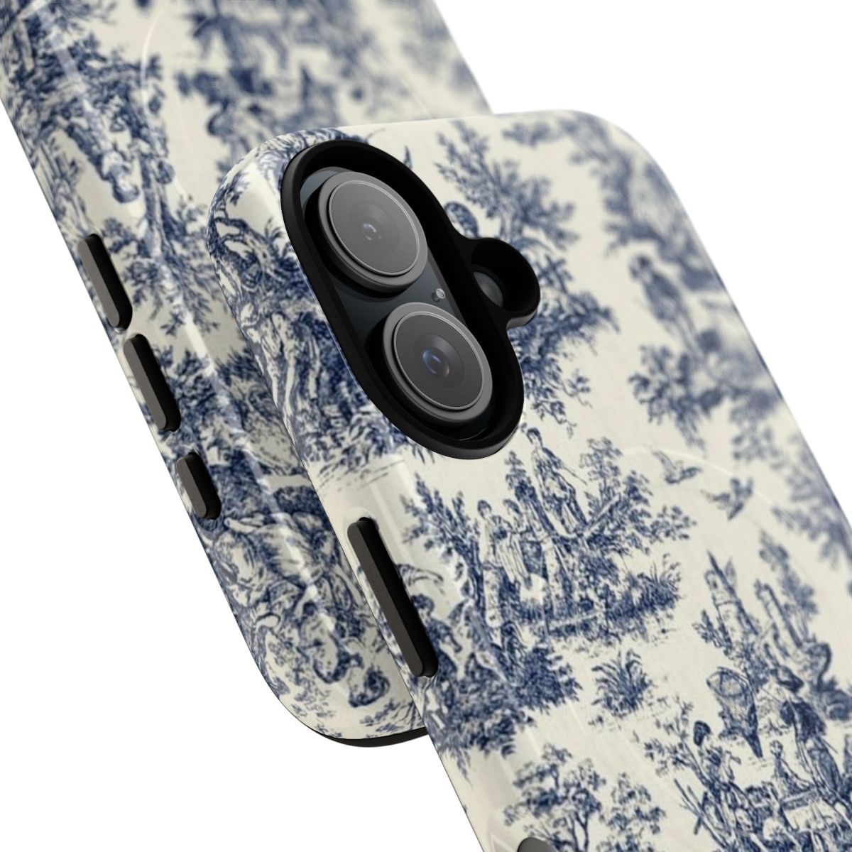 Vintage French-style toile de jouy pattern on a navy blue and white phone case cover - Detail