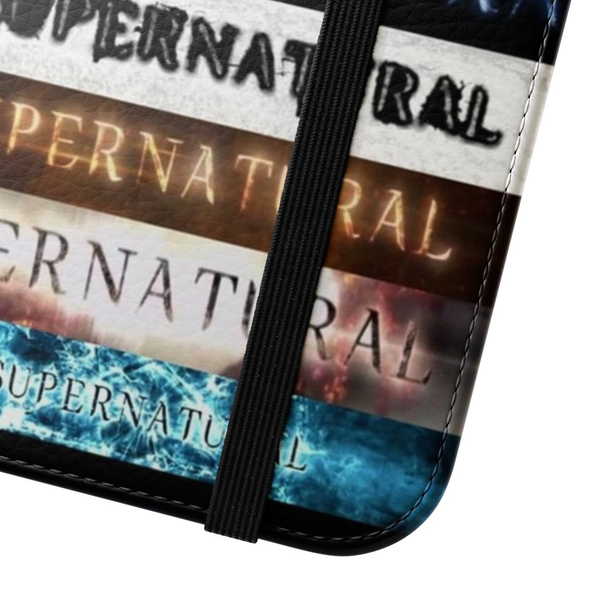 Flip cover phone case featuring the Supernatural TV show logo and character names - Close Up