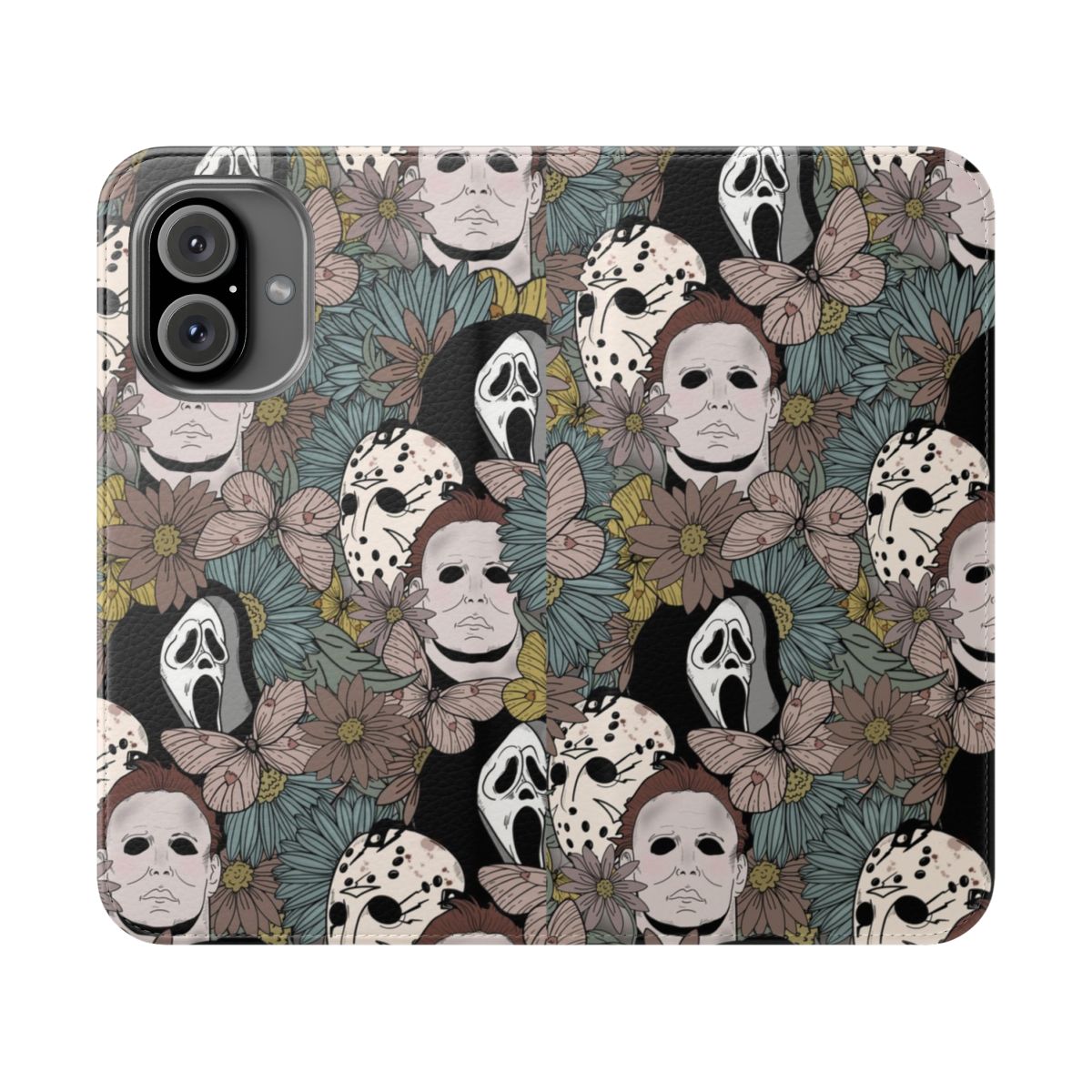 Horror-inspired floral design phone case with flip cover