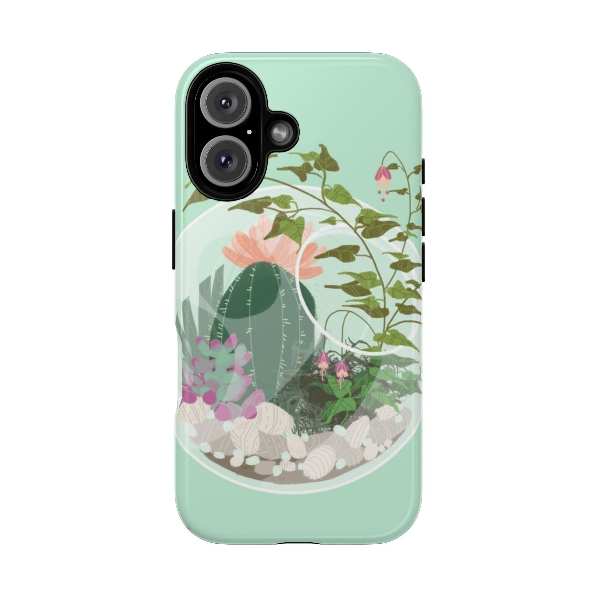 Round terrarium-themed magnetic phone case with natural elements like plants, pebbles, and leaves.