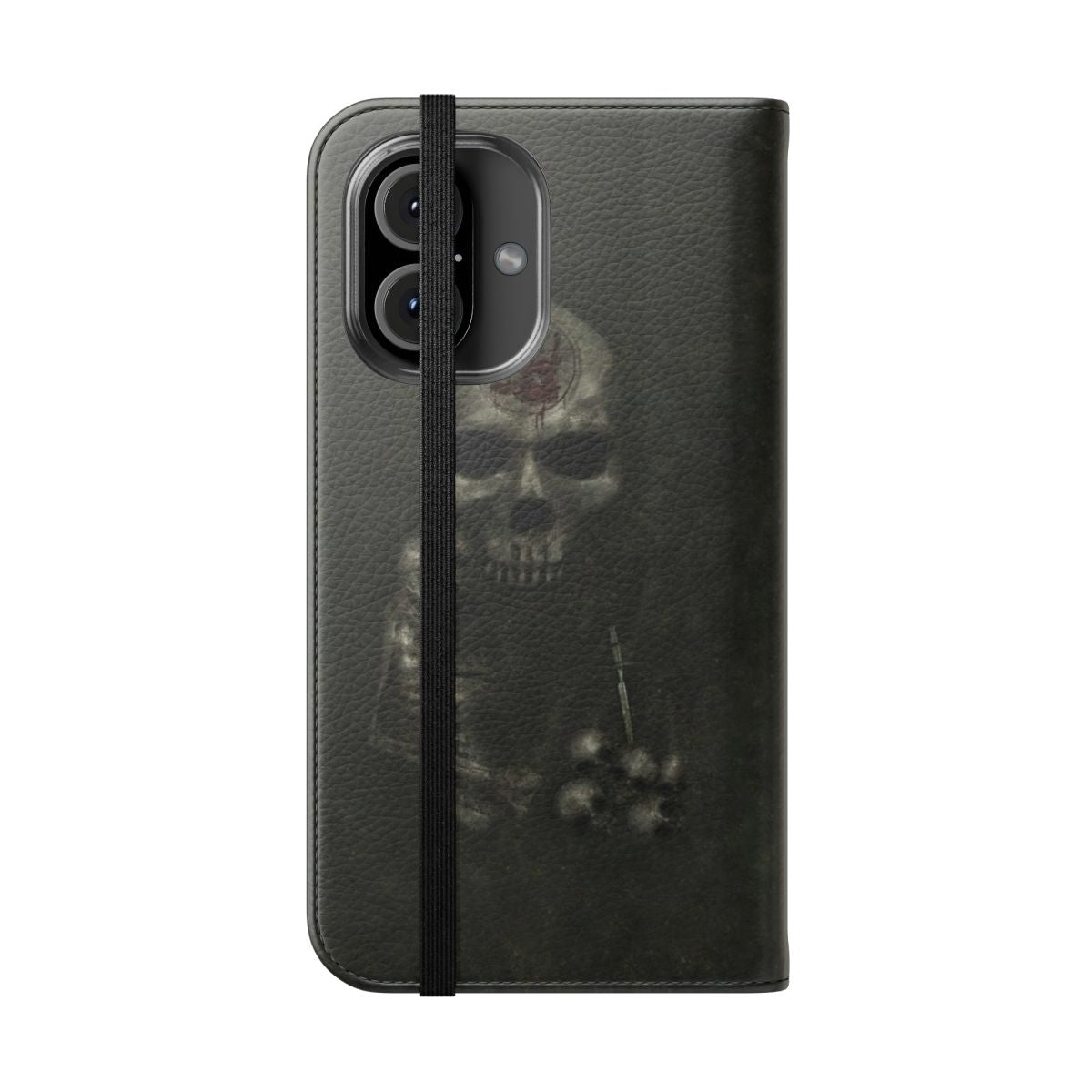 Flip cover phone case with a dark, medieval-style door design inspired by the popular video game Skyrim. - Folded Front