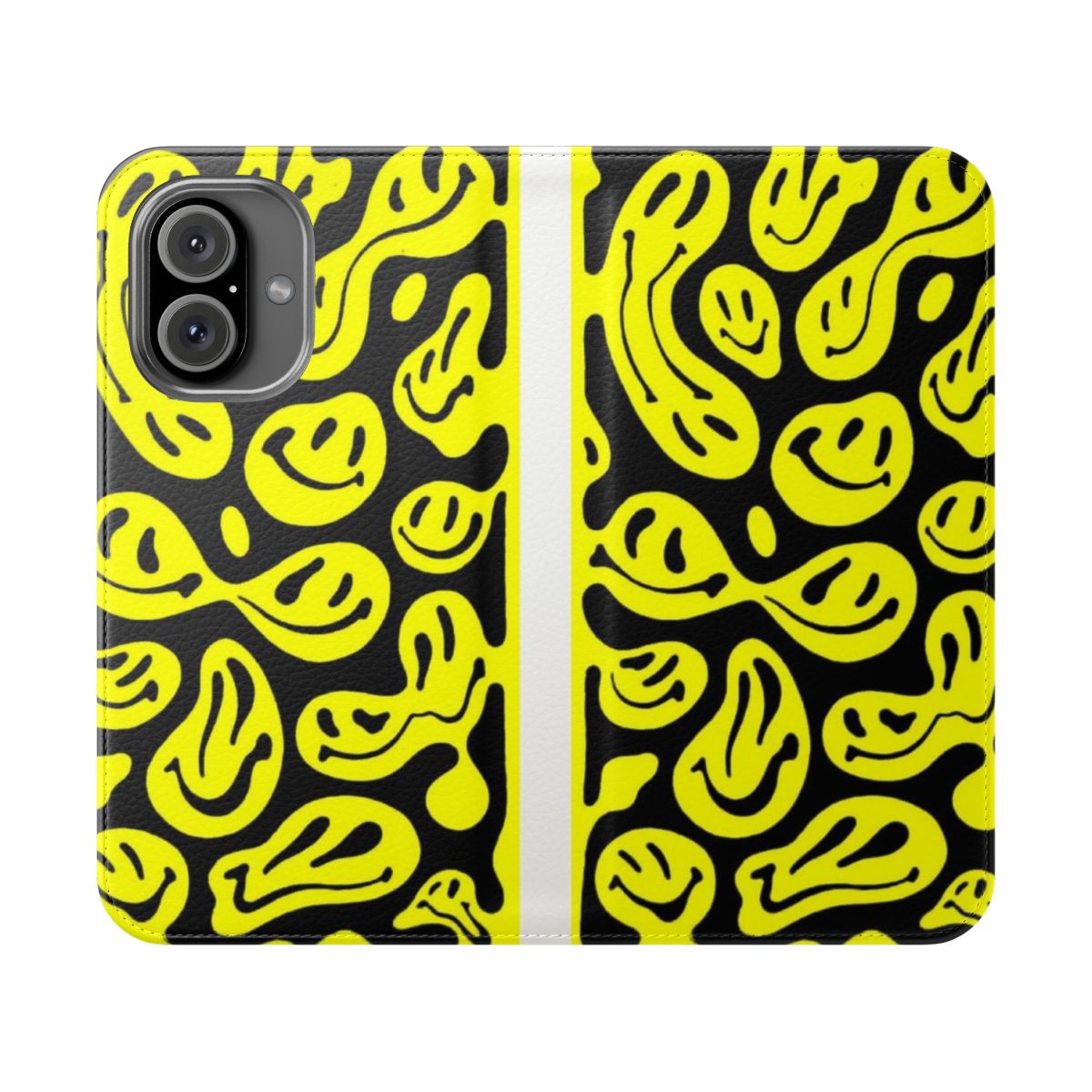 A colorful, psychedelic phone case featuring a melted smiley face pattern in shades of purple, pink, and yellow.