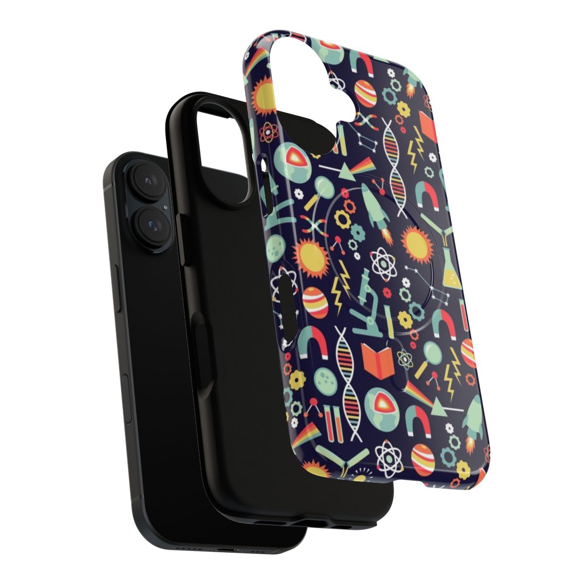 Stylish science-themed magnetic protective phone case with damask pattern and laboratory elements - Layers