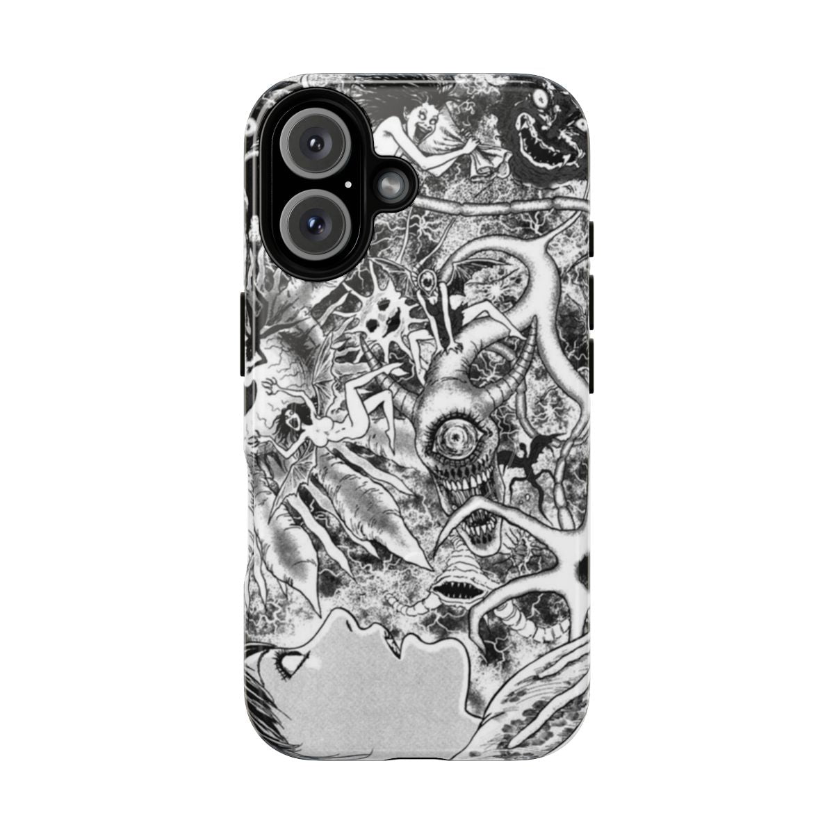 A phone case featuring fragments of horror-inspired artwork and design.