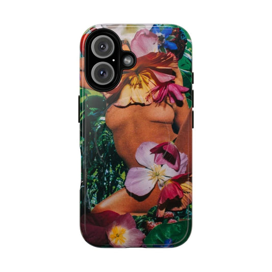 Artistic hand-cut collage design featuring vibrant flowers on a phone case.