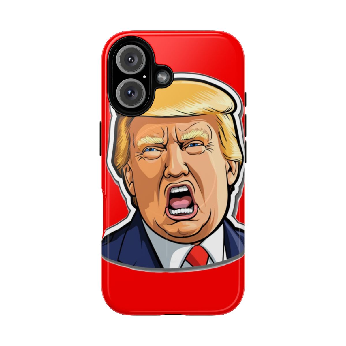 Closeup image of a satirical cartoon caricature of Donald Trump's face on a magnetic phone case.