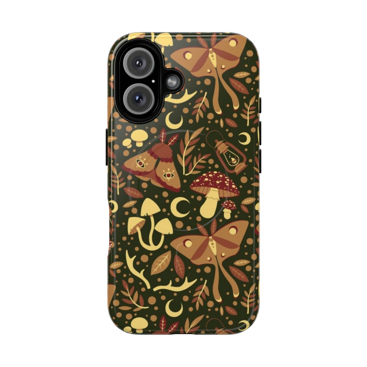 A green phone case with a mystical forest and mushroom pattern, featuring antlers, leaves, and a lantern.