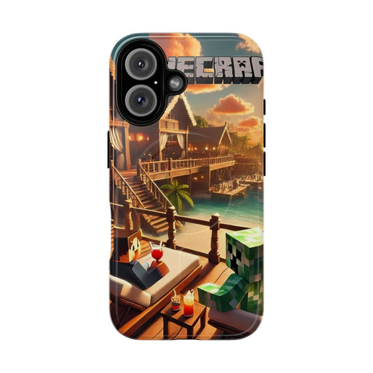 Magnetic tough phone case featuring characters Steve and Creeper from the popular game Minecraft on a tropical vacation scene.