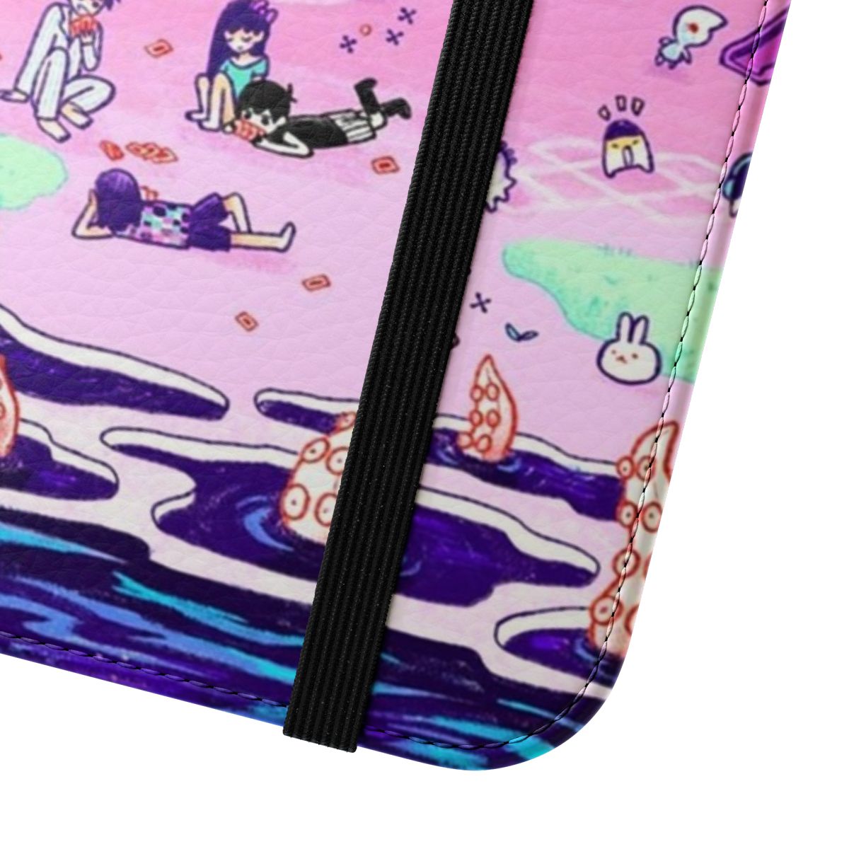 Vibrant flip cover phone case featuring Omori-inspired anime artwork with purple tentacles and a textured design. - Close Up