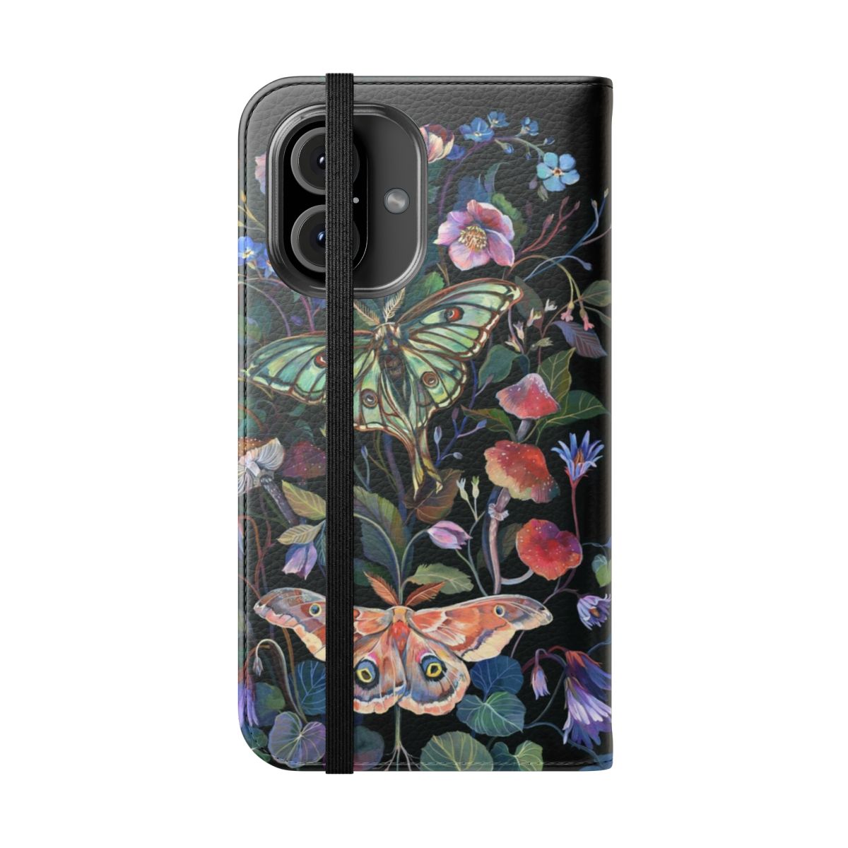 Flip cover phone case featuring a captivating moth illustration in a gouache painting style. - Folded Front