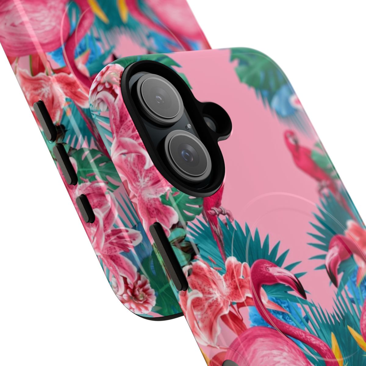 Flamingo and tropical garden-themed magnetic protective phone case - Detail