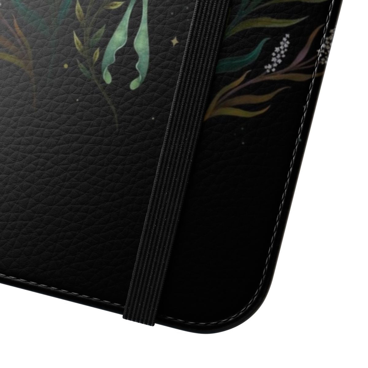 Flip cover phone case with a design featuring a luna moth, moon, and night garden elements - Close Up