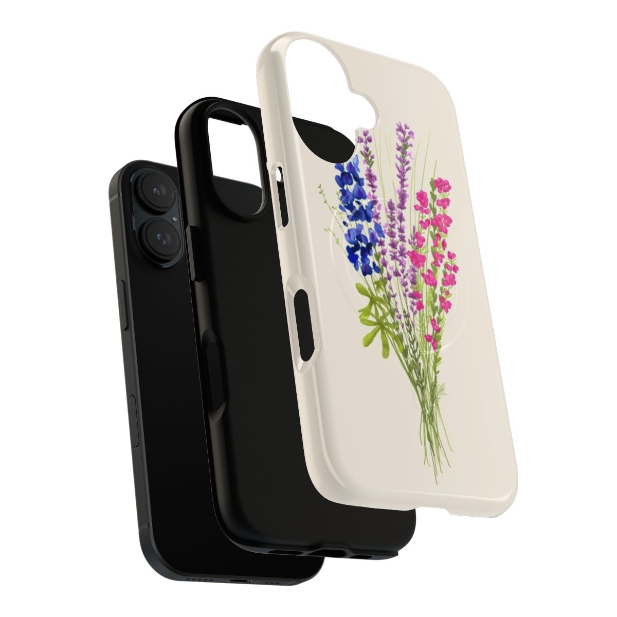 Subtle bisexual pride floral phone case featuring lavender, heather, and texas bluebonnet flowers in pastel pink, blue, and purple colors. - Layers