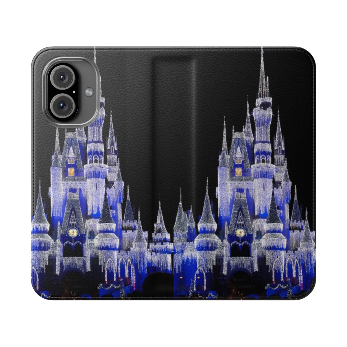 Ice covered castle flip cover phone case with blue and white lights