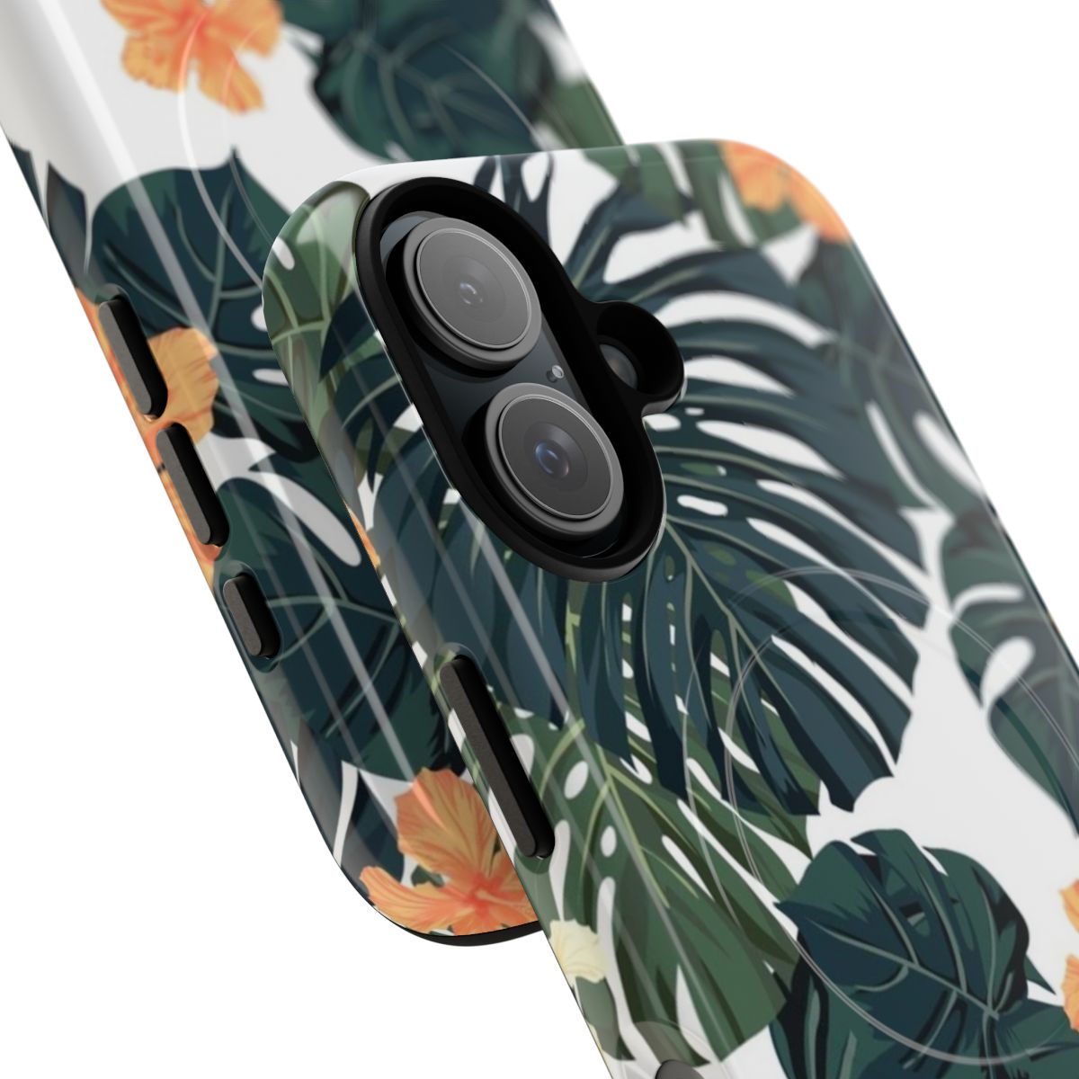 A tropical-inspired phone case featuring a vibrant botanical pattern with lush flowers and foliage. - Detail