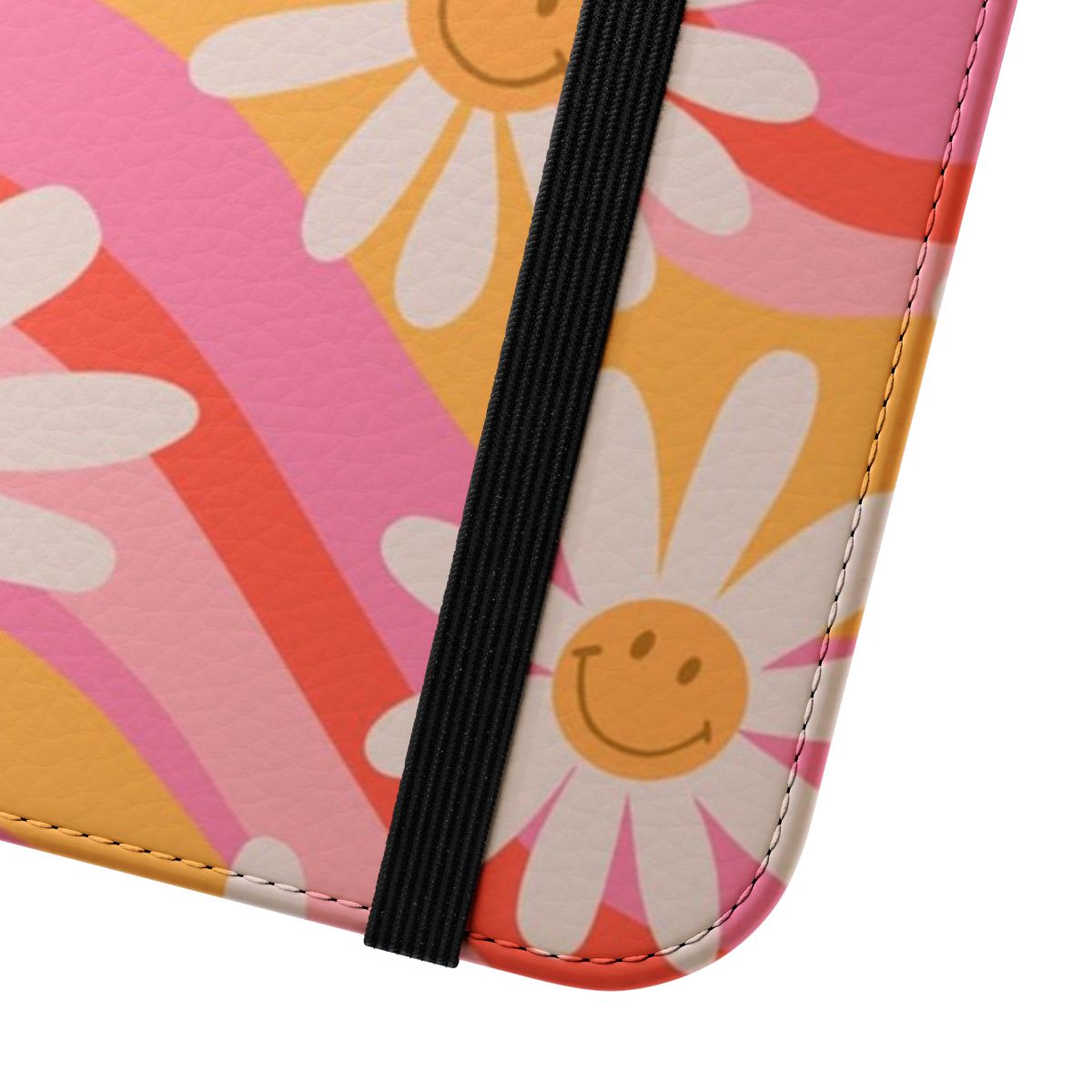 Vibrant wavy daisies pattern on a flip cover phone case - Close Up