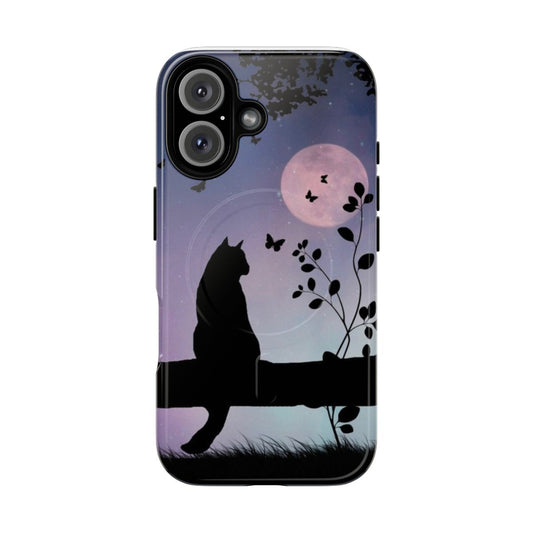 Whimsical phone case featuring a cute cat and butterflies in a full moon setting