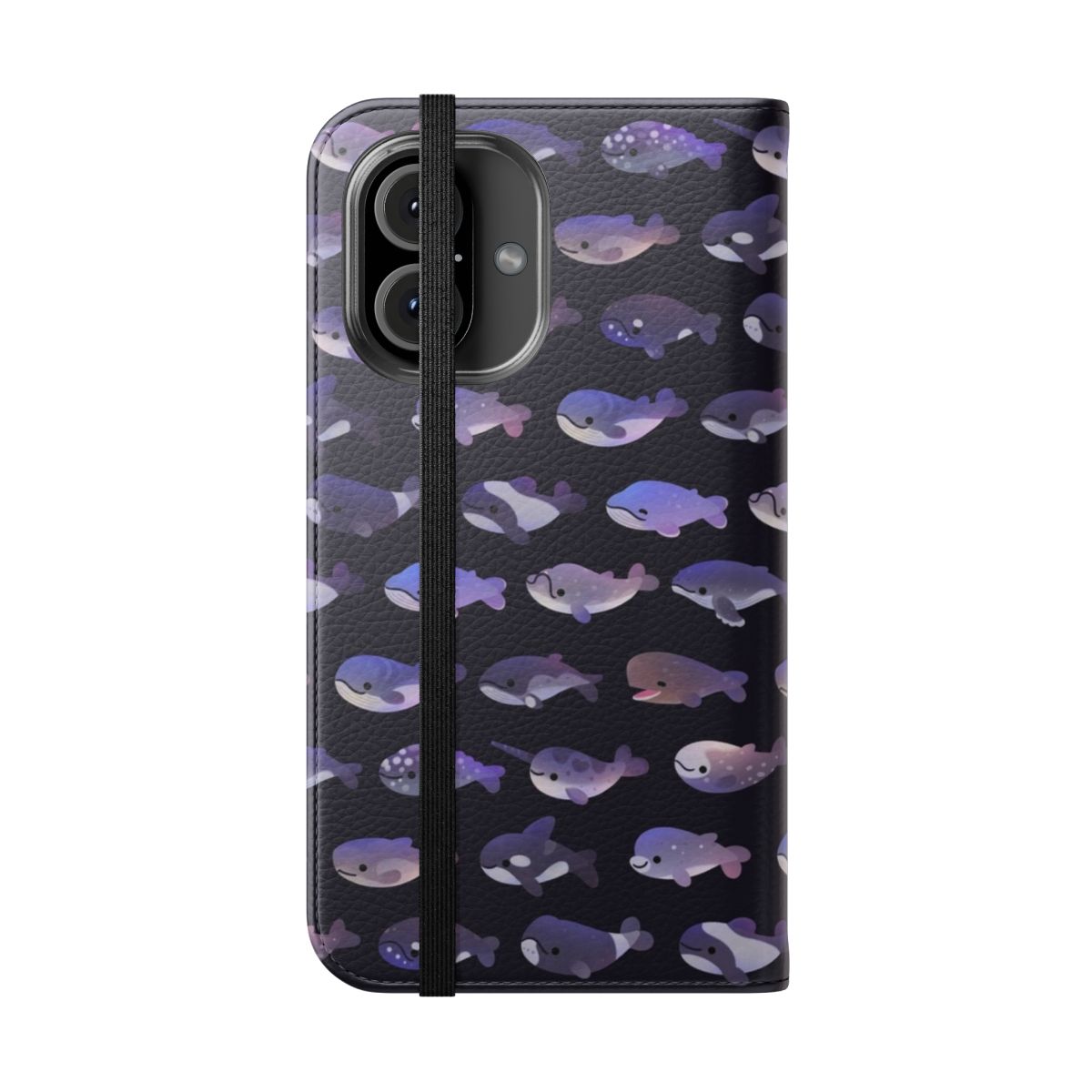 A colorful phone case featuring a vibrant design of whales, dolphins, and other marine life. - Folded Front