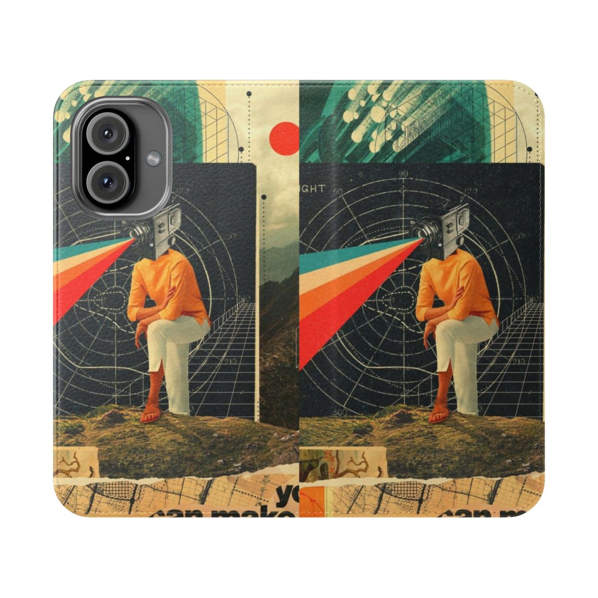 Vibrant and artistic flip phone case with a surreal collage design in retro colors