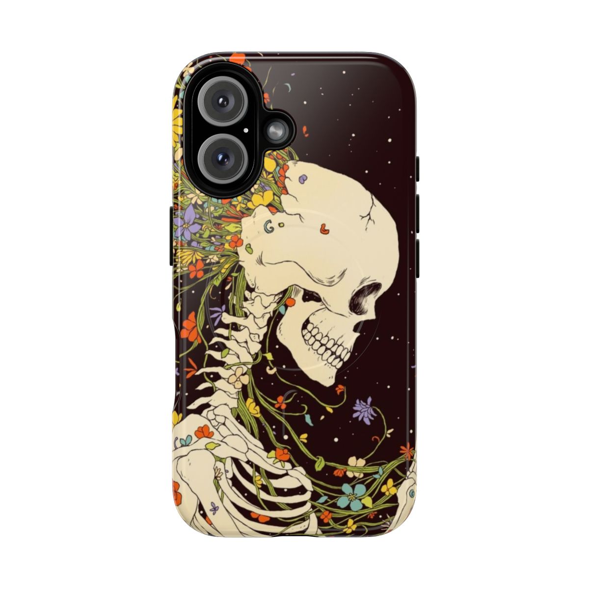 A surreal phone case featuring a design with a floral memento mori, moon, and stars set against a celestial background.