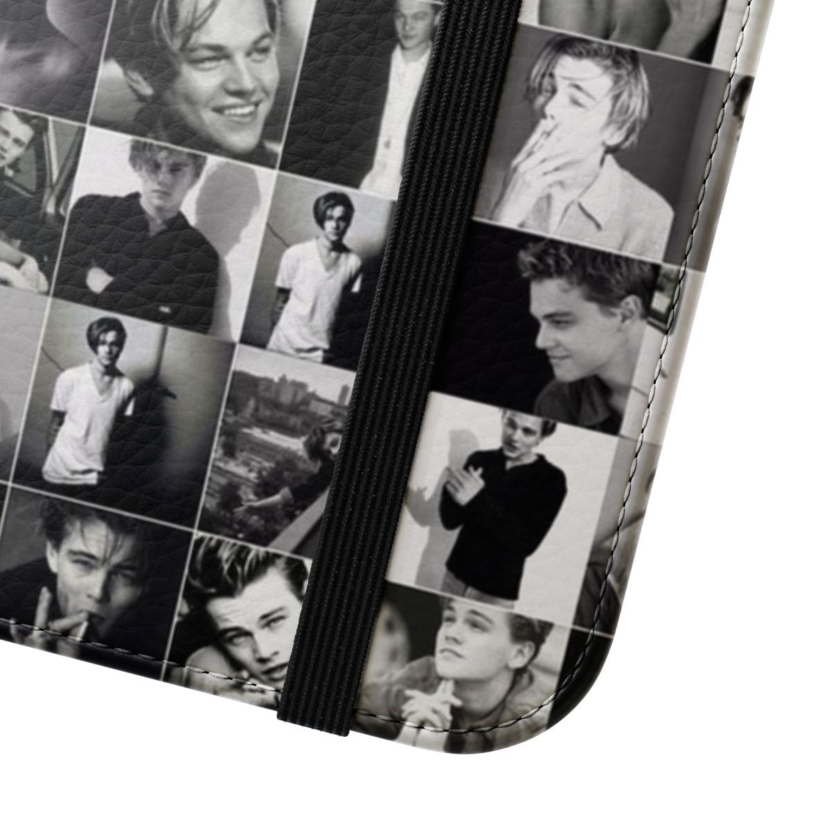 Stylish flip cover phone case featuring a portrait of renowned actor Leonardo DiCaprio. - Close Up