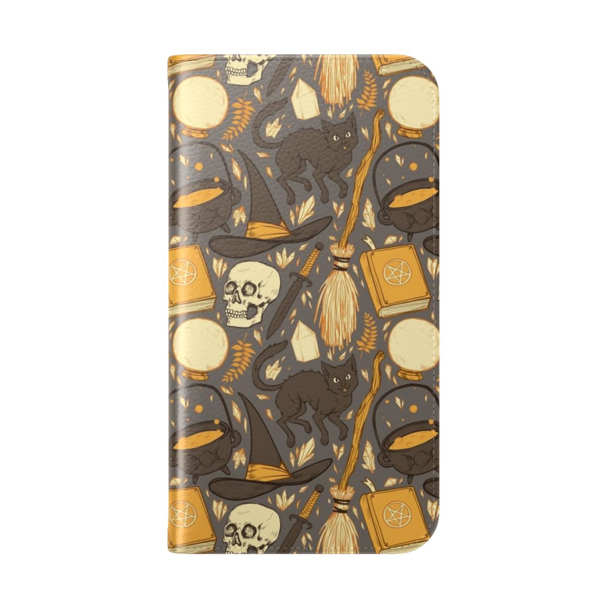 Warm grey flip cover phone case with a witchy, spooky pattern and design - Folded Back