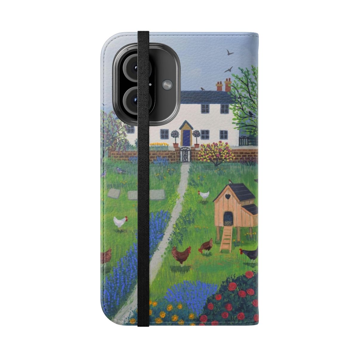 Closeup of a rustic chicken art phone case with a cottage and garden scene - Folded Front