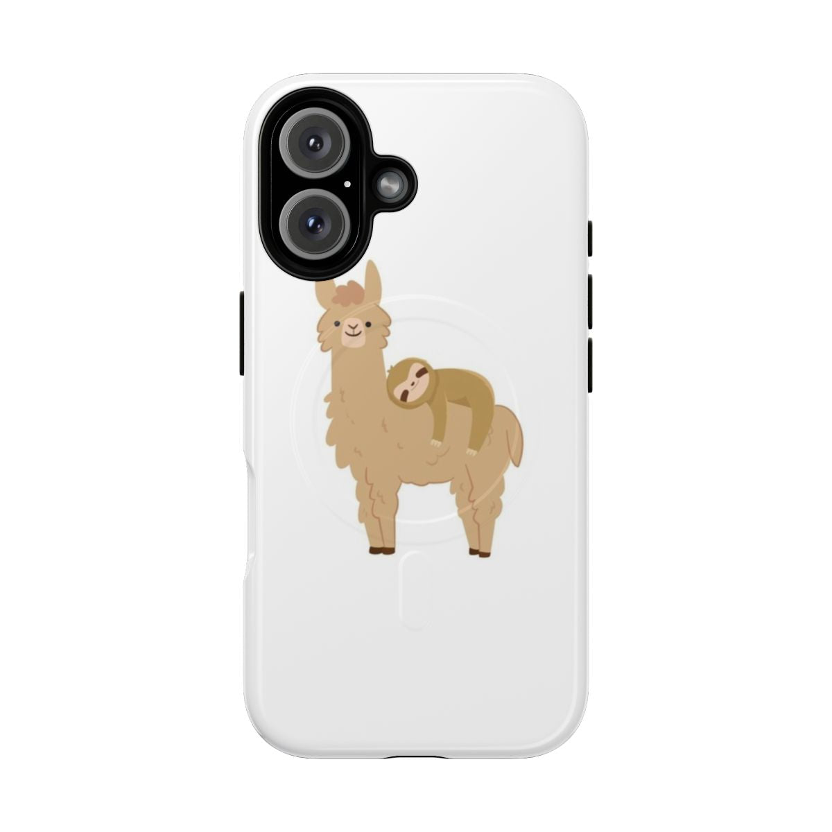 Illustration of a sloth relaxing on a llama on a phone case