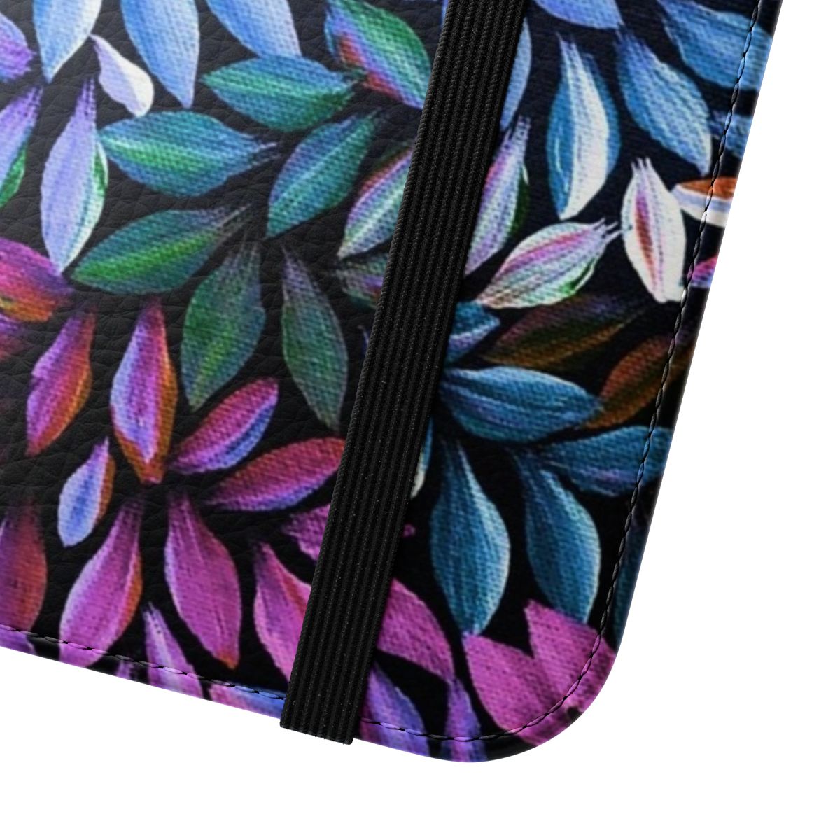 Flip cover phone case featuring a vibrant aboriginal art inspired pattern in pink, purple, and blue. - Close Up